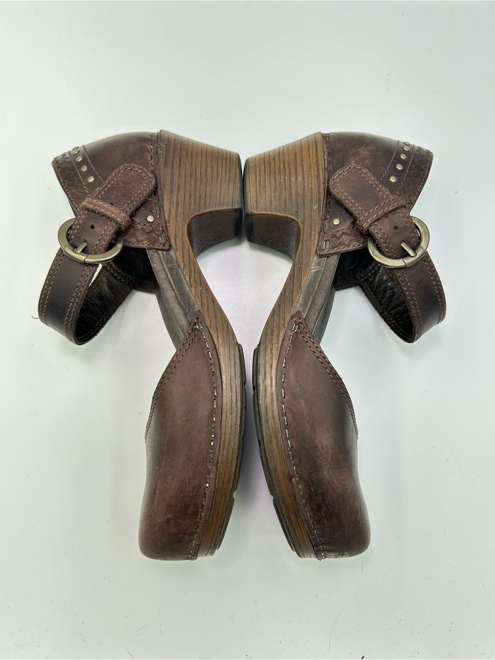 Dansko Brown Leather Mavis Studded Mary Jane Wedge Clogs Size 38 (US 7.5-8)